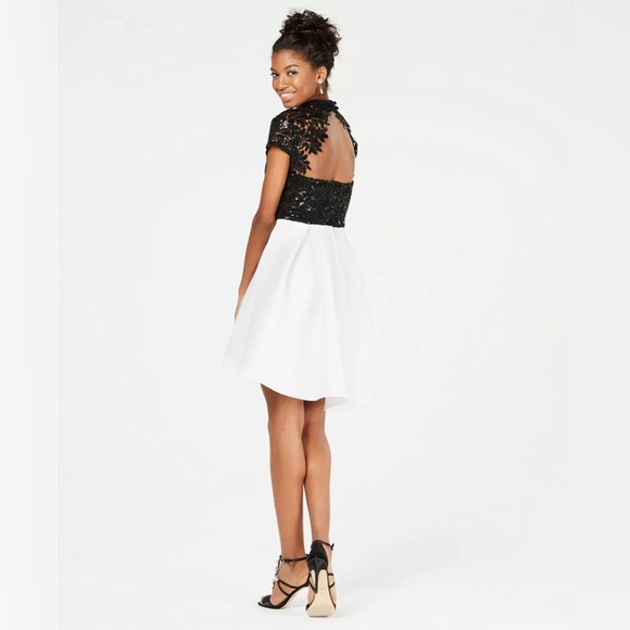 Black & White Mock Neck Sequenced Lace High Low Dress - Picture 2 of 2